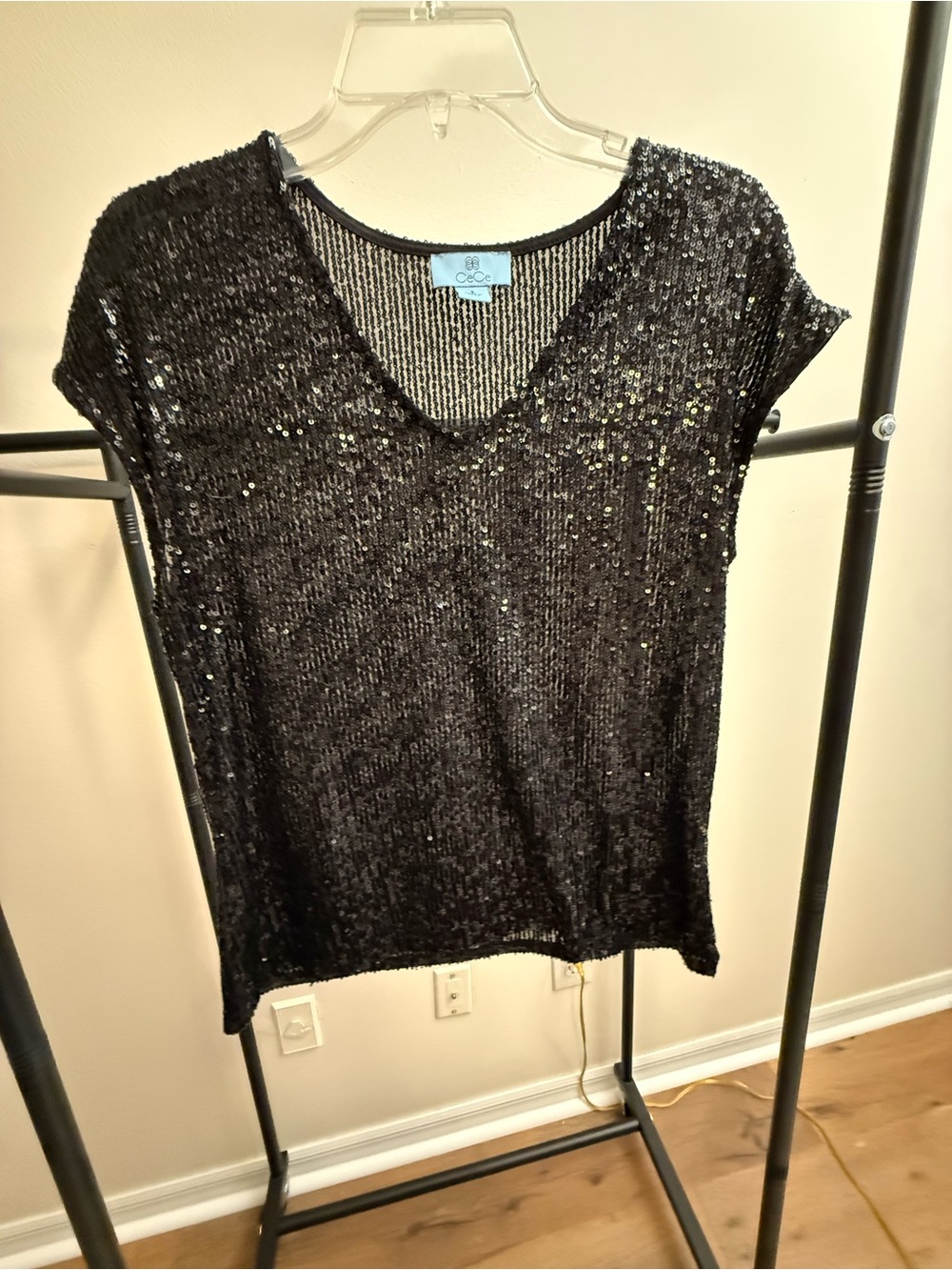 CeCe Black Sequin V-Neck Short Sleeve Top